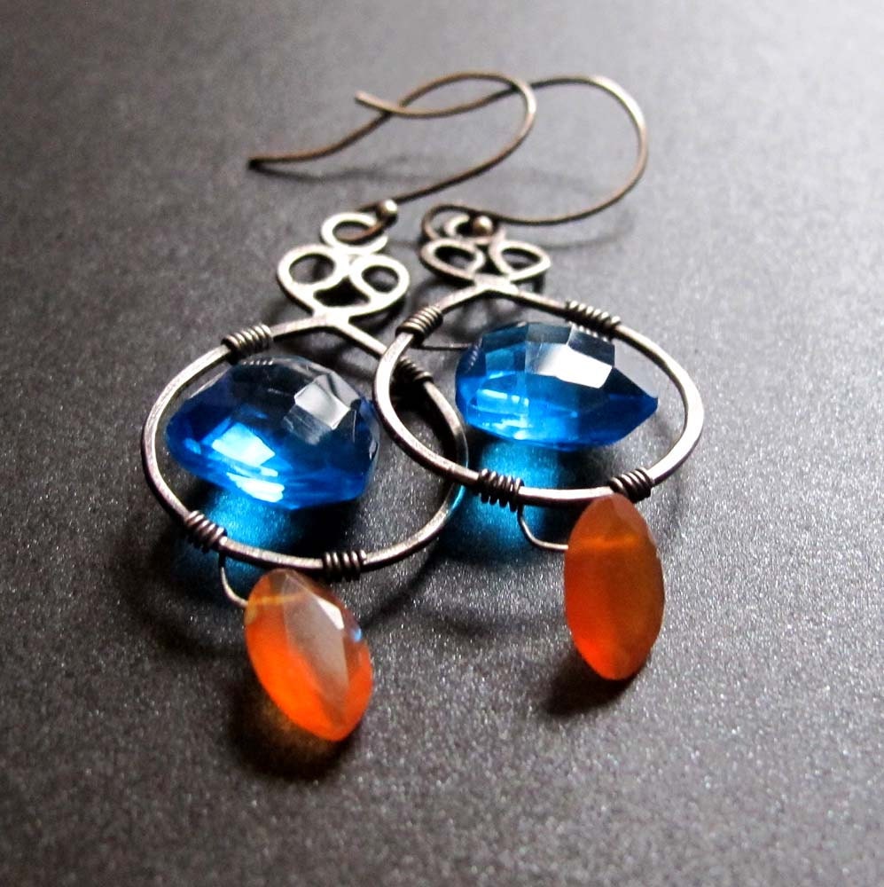 Blue Topaz Quartz and Carnelian Sterling Silver Earrings
