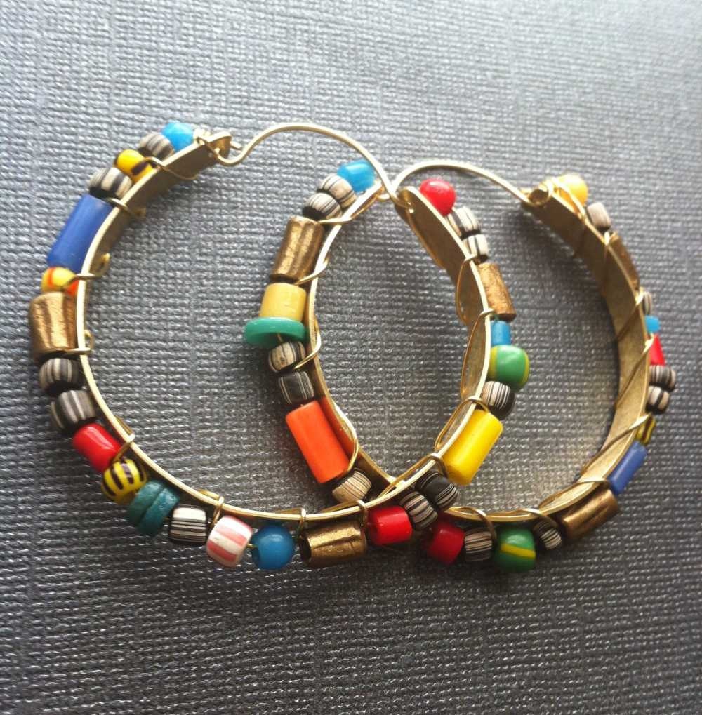 Medium Colorful Beaded Gold Brass Hoops with trade beads