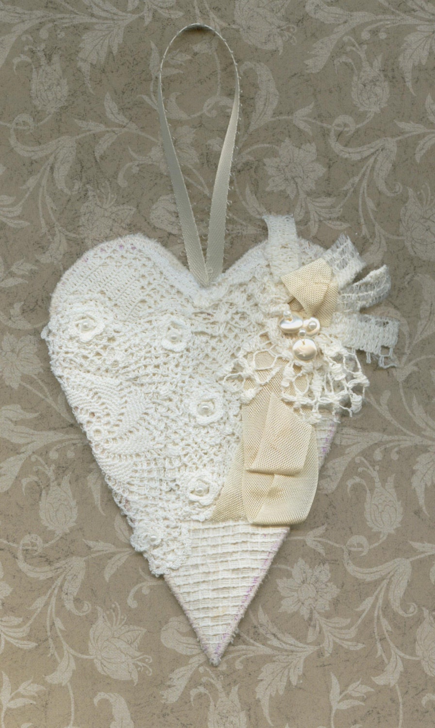 Christmas ornament or door hanger lace heart in off white and beige
