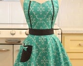 Retro Apron Aqua Damask MAGGIE Full Apron