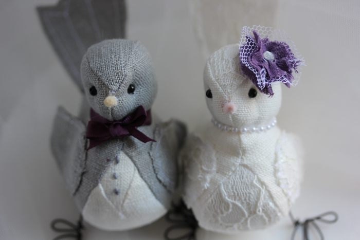 Wedding cake topper  - Wedding Love birds -  Fabric Bird Cake topper -  Ivory, Dark Grey and egg plant bow tie-  CUSTOM ORDER