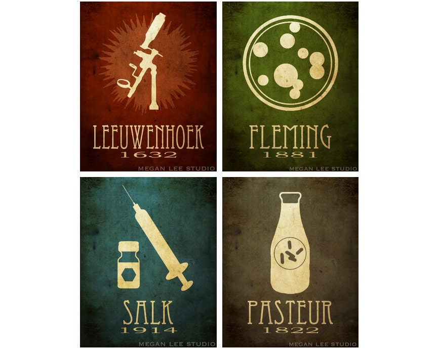 NEW Four 3.5x5 Microbiology Mini Prints, Pasteur, Fleming, Salk, Leeuwenhoek, Microbiologist Posters, Science Art, Educational STEM Art