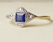 Art Deco Sapphire & Diamond Engagement Ring, Antique Geometric Wide Star Shape Platinum and 18k Gold Ring, Approximate Size US 7.25/ 7.5