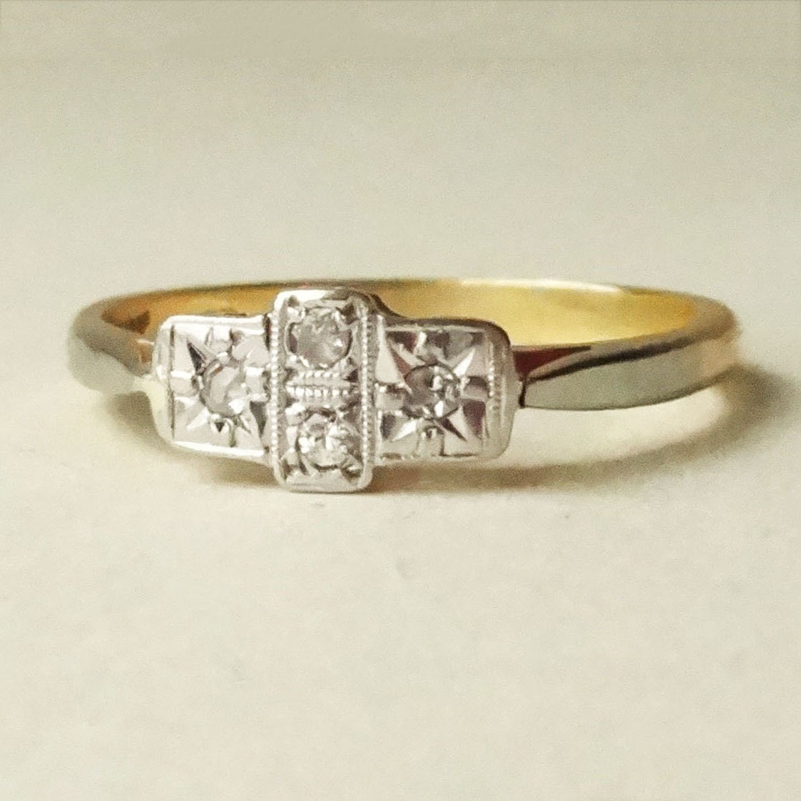 Art Deco Geometric Diamond Ring, Platinum and 18k Gold Four Diamond Engagement Ring Approx Size US 7.25 / 7.5