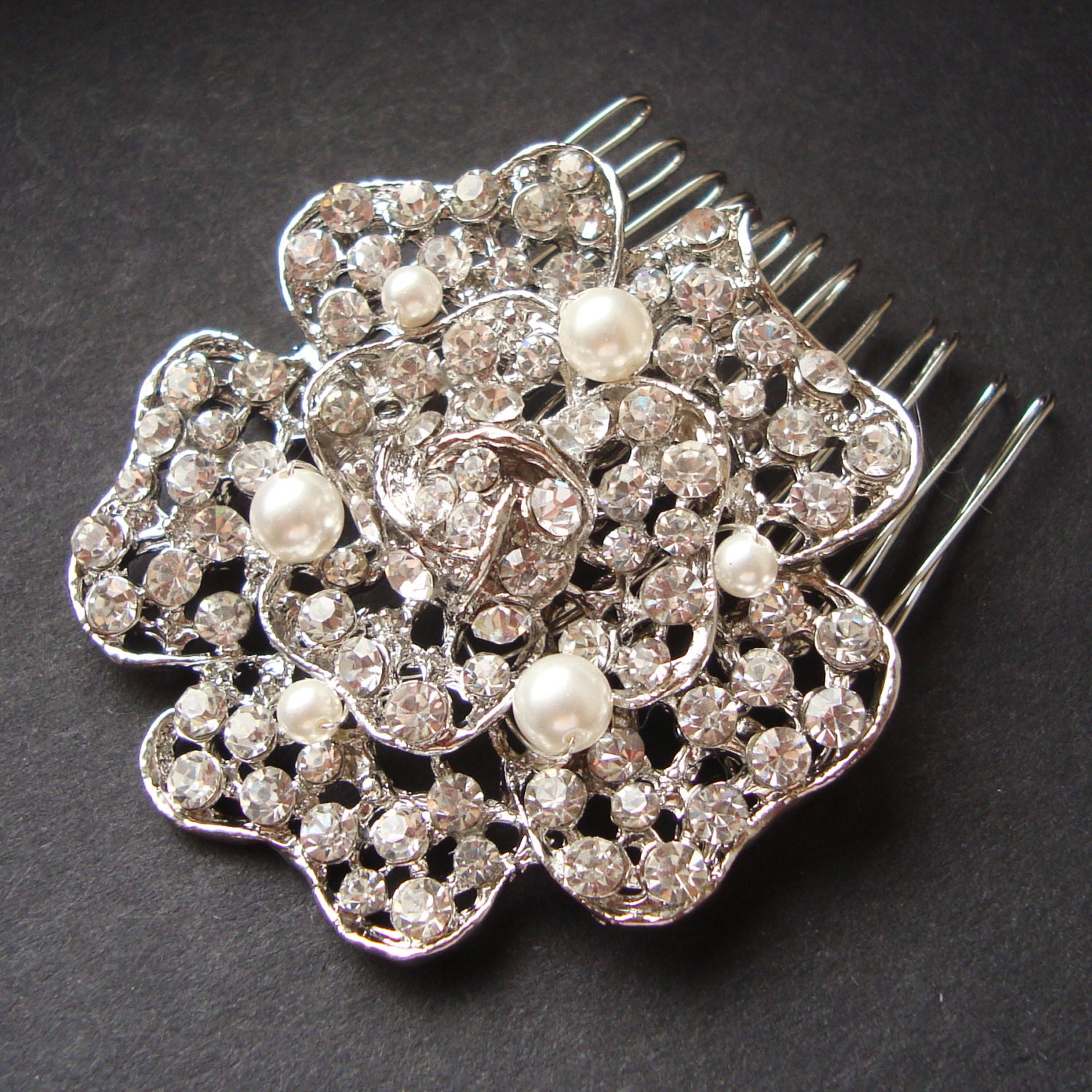 Vintage Style Crystal Rhinestone Rose Bridal Hair Comb, Art Deco Wedding Hair Accessories, Old Hollywood Wedding Hair Comb, Filigree Rose
