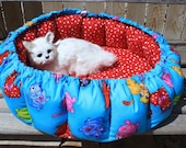 Overstuffed Cat Bed In Teal Blue With Charming Kitties