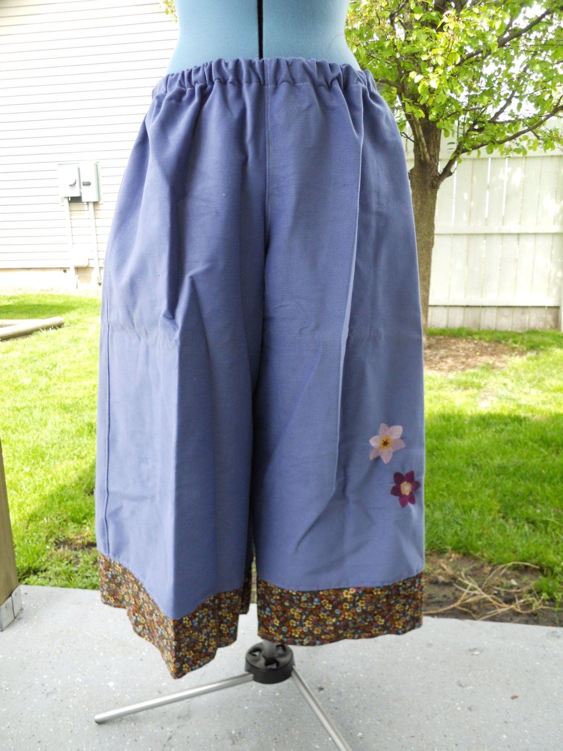 SALE Periwinkle Blue Flowers Hippie Corduory Patchwork Gaucho Pants Capri pants