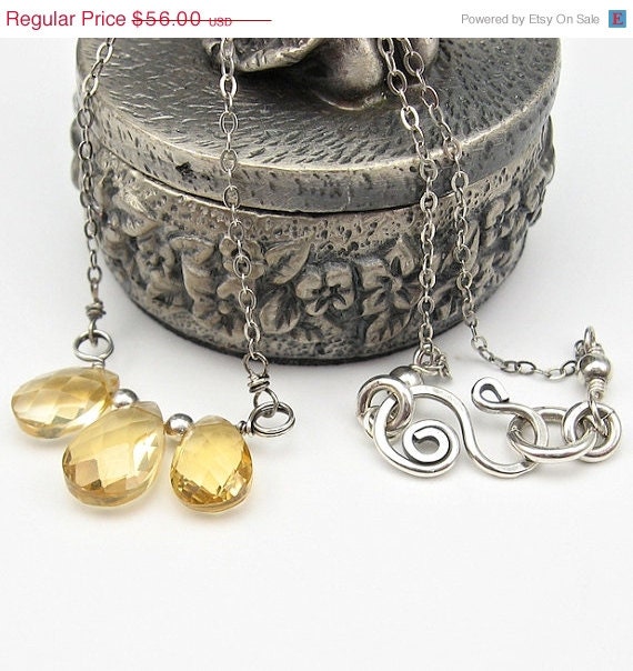 SALE Citrine Trio, Gemstone Briolette Necklace, Sterling Chain