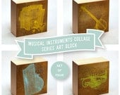 Vintage Music Instrument Print Collage Art Box - Set of Four - Pick your Mix - 4 in x 4 in - Fathers Day Gift for Dad - Gift for Husband