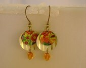 Spring Garden - Hand Cut Vintage Retro Floral Tins Amber Beads Recycled Repurposed Upcycled Earrings