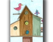 ACEO watercolor BIRDS city life