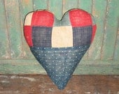 Primitive Heart Pillow - antique quilt - red white & blue - shelf sitter - tuck