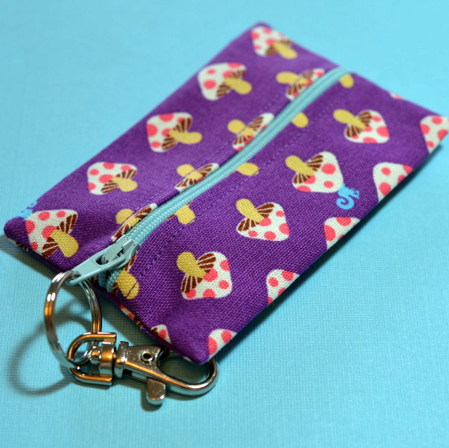 Purple Card Case - Zip It Coin Purse -  Shroomtime & Blue Squirrel