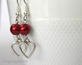 Valentine Earrings Open Heart Silver Heart n Red Pearl Pearls silver charm earrings Hypoallergenic surgical steel hooks YOU CHOOSE COLOR