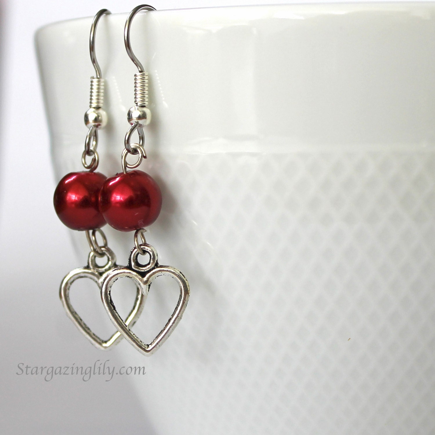 Valentine Earrings Open Heart Silver Heart n Red Pearl Pearls silver charm earrings Hypoallergenic surgical steel hooks YOU CHOOSE COLOR
