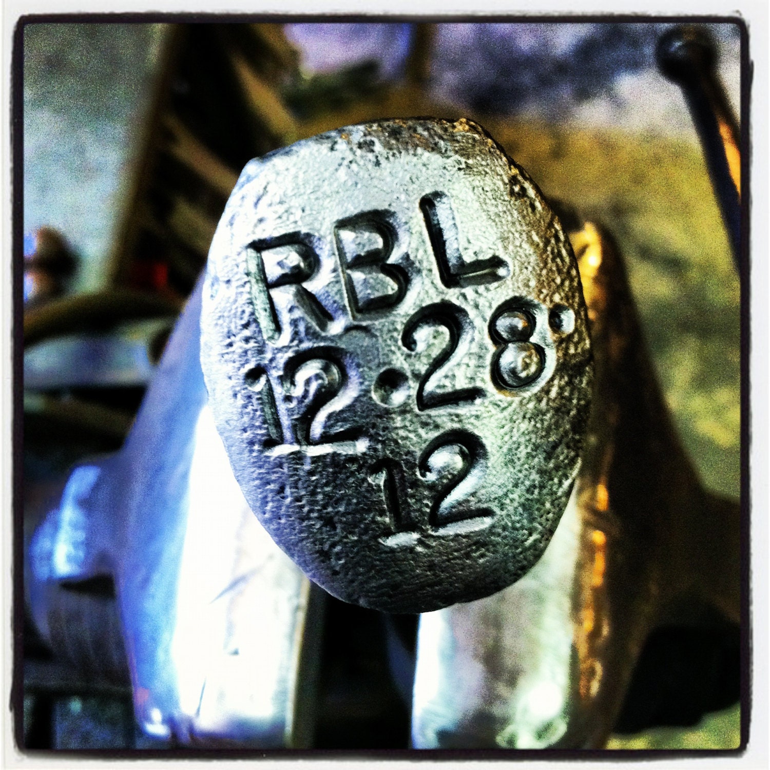 Personalized date and/or initials stamped on railroad spike knife or bottle opener head.