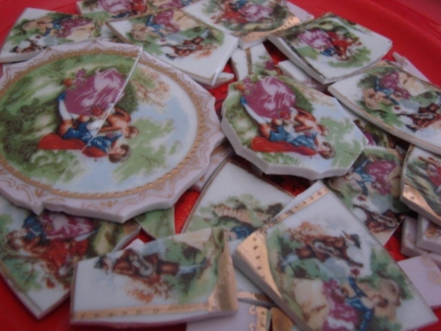Mosaic Tiles Vintage Porcelain Lady Man Romantic Broken China Plate Art Supply