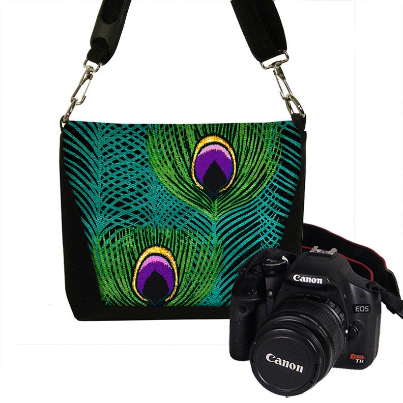 Small Digital Camera Bags Slr Camera Bag MINI Dslr Camera Bag Purse Peacock Feathers teal purple