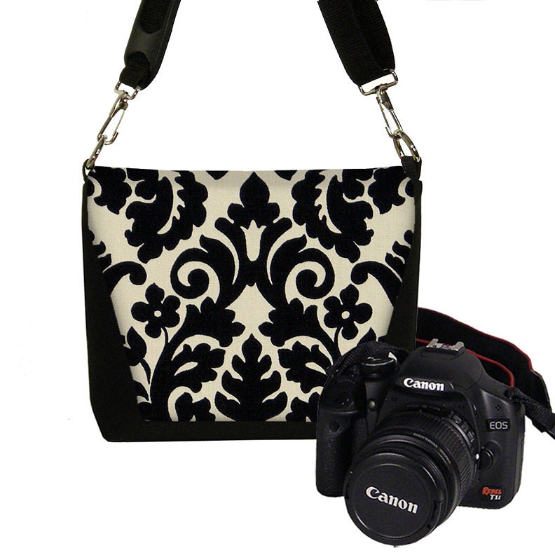 Damask Slr Camera Case Bag Small Dslr Camera Bag Purse MINI Messenger Bag black off white