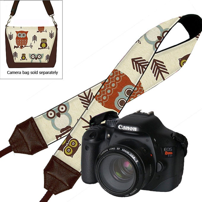 SALE Dslr Camera Strap Slr Digital Camera Padded Strap Nikon Canon Cute Owl Brown Rust Blue