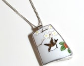 Broken Plate Pendant on Chain - Teapot Bird - Recycled China