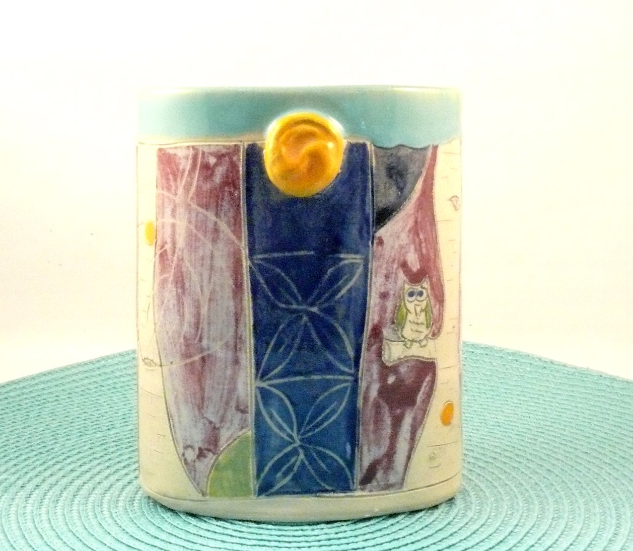 Art Vessel Handmade Ceramic Oval Vase with owl - O2 IN STOCK Liquid Soap Holder - Toothbrush or Pencil Holder