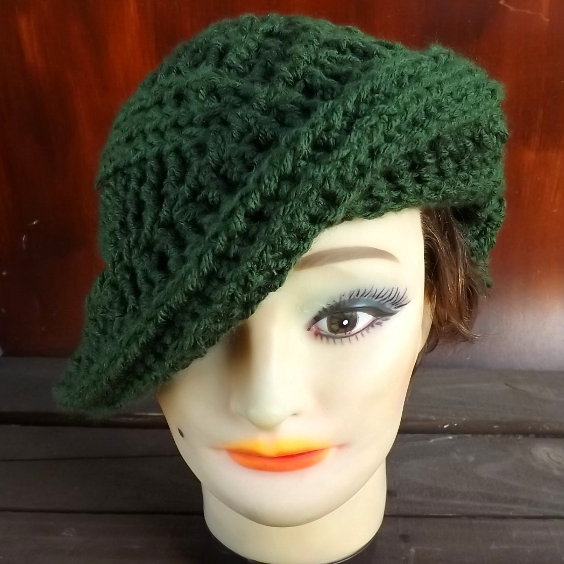 Crochet Hat Women Hat - PALM LEAF Womens Beret Hat Asymmetrical in Olive Green - Custom Order