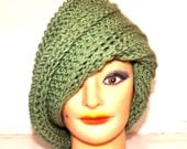 Crochet Hat Women Hat - JUDY Asymmetrical Womens Beanie Hat in Light Sage Green with Extra Wide Flap - Crochet Womens Hat - Custom Order