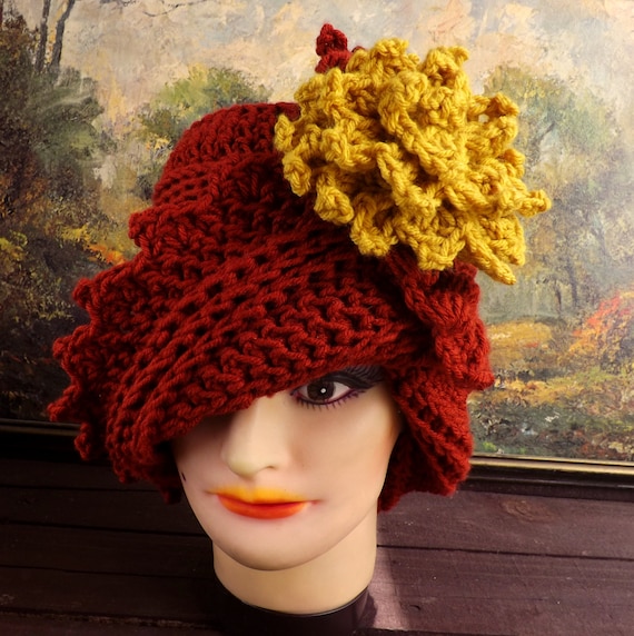 Crochet Hat Women Hat - LAUREN Cloche Hat Terra Cotta Orange - Sungold Yellow Flower - Womens Crochet Cloche Hat - Australia Crochet Hat