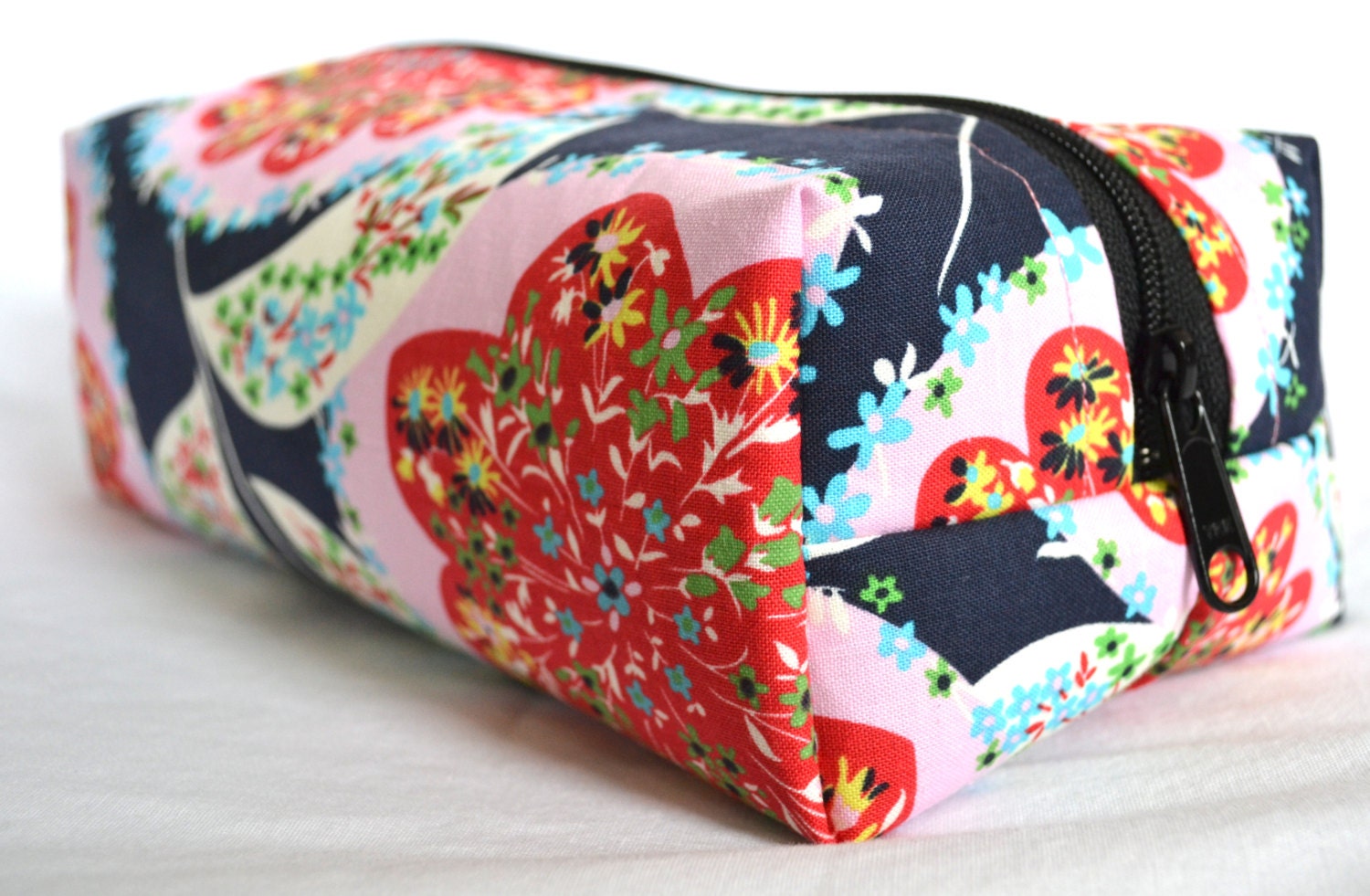 Boxy Cosmetic Zipper Pouch  - Navy Blue and Pink Flower