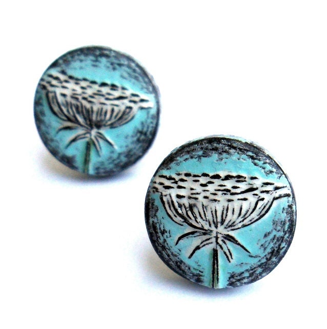 20% OFF SALE - Queen Anne's Lace Stud Earrings - Sterling Silver Posts - Pastel Blue and White - Spring flower jewelry