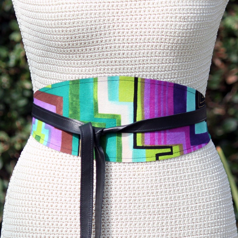 REVERSIBLE Leather belt obi wrap sash corset - fabric and genuine lambskin - size XS S M L - wide cinch custom options