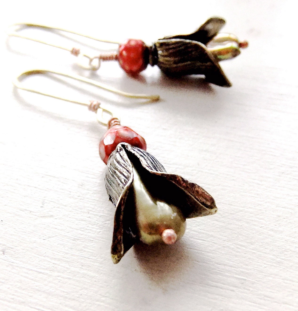 Belle Fleur Flower Petal Earrings Raspberry Bronze Pearls Metal Copper Brass Earrings