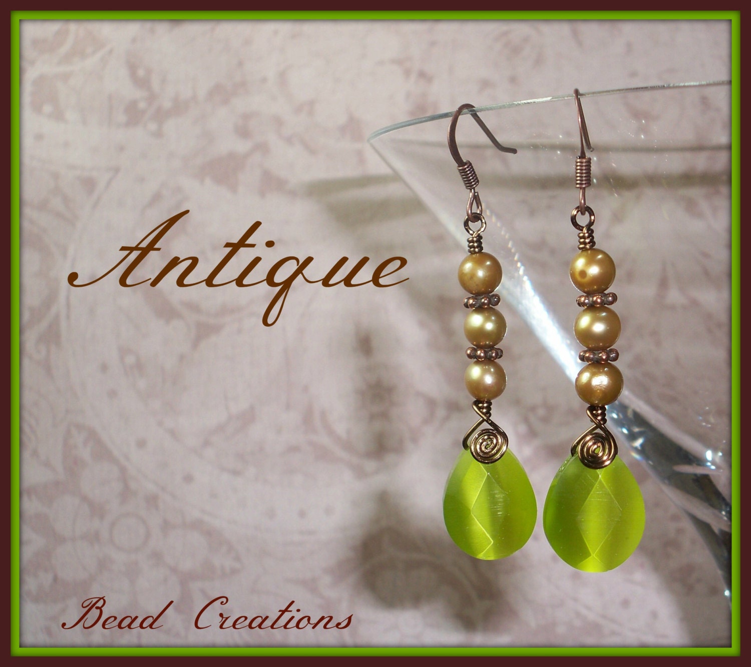 Green Pearl Copper Earrings Fiber Optic Teardrop Khaki ANTIQUE