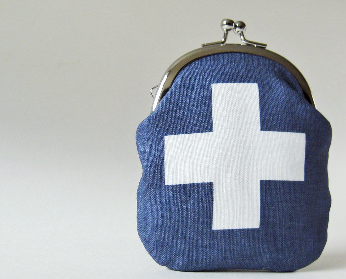 Tall coin purse - white plus sign on navy blue