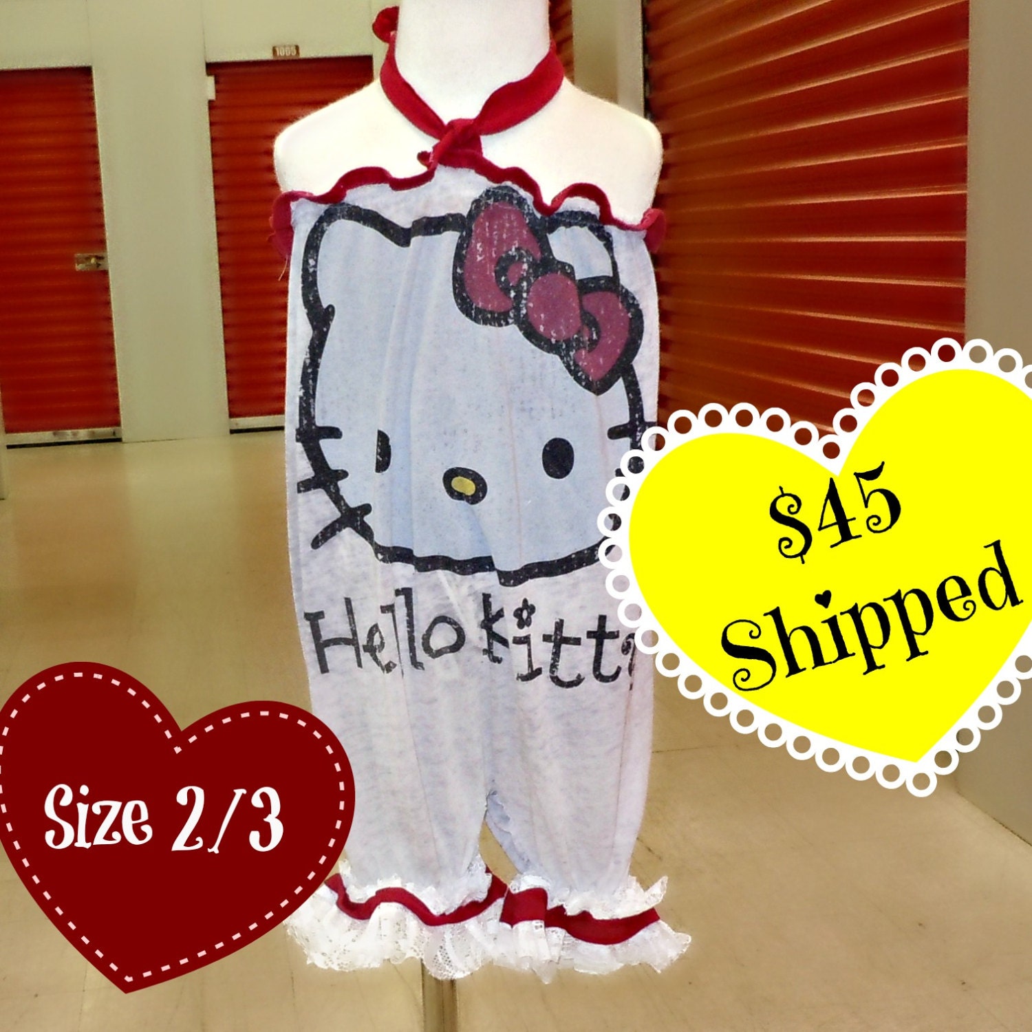 Girls Romper made from Hello Kitty Tshirt Size 2/3 Recycle Upcycle