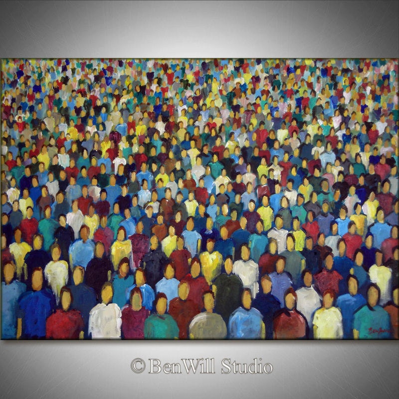 LARGE Colorful Modern Art Painting ORIGINAL Figurative Abstract Impressionist Pop Art - Faces in the CROWD, Ready to Hang 40x28 by BenWill