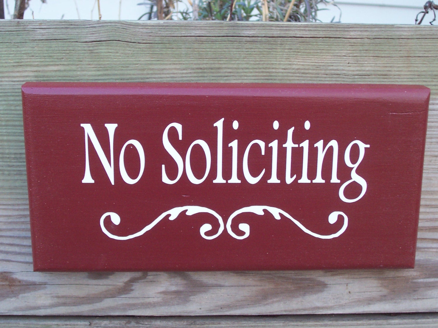 No Soliciting Wood Vinyl Sign with Scroll  - Primitive Rustic Red Home Decor