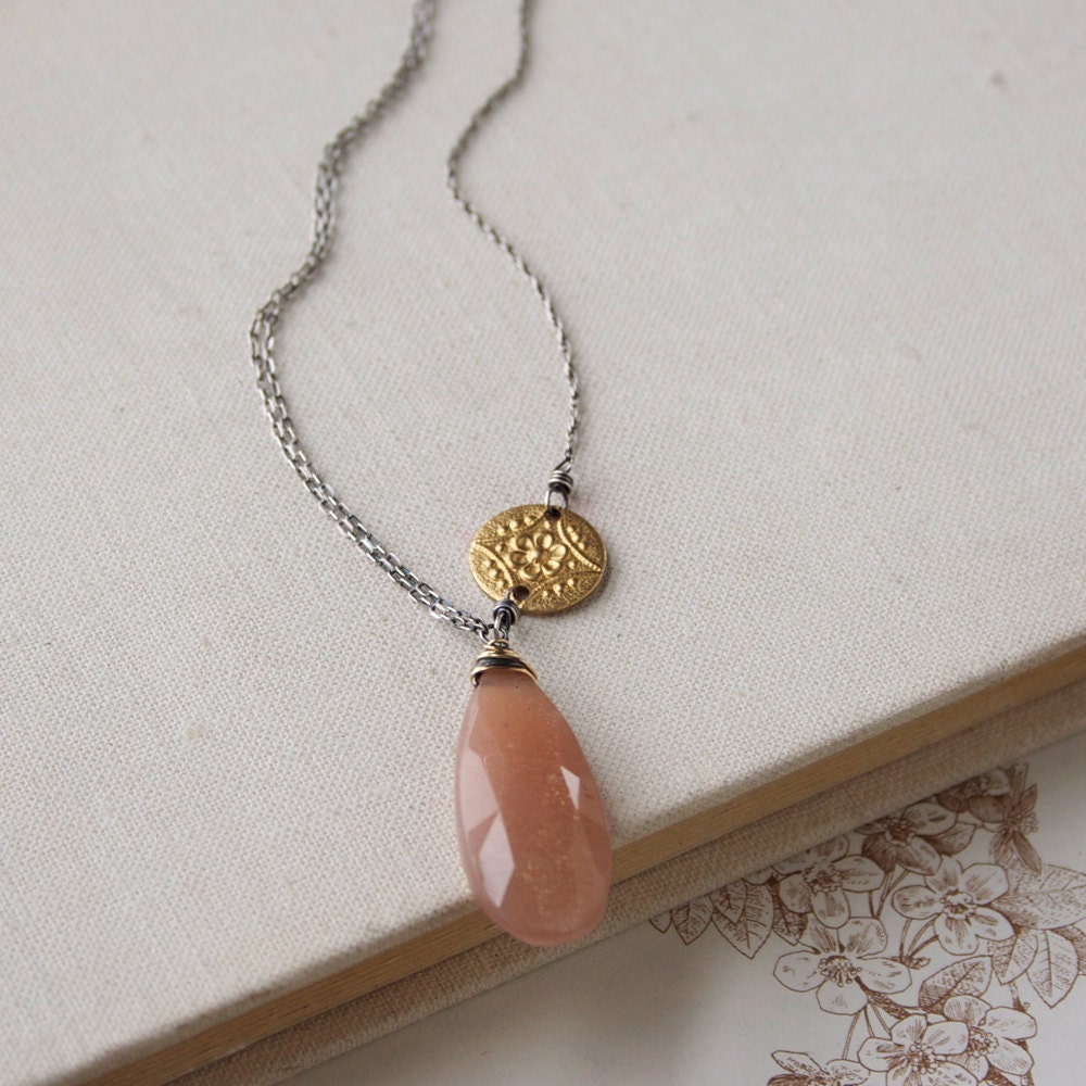 Samara Necklace- sunstone, vintage brass, sterling silver, goldfill.