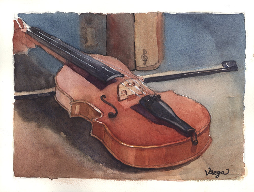 Original Watercolor Painting, Violin Still Life, Free Mat, Ready to Frame 9 x 12
