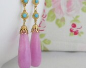 Pale Pink Jade Turquoise Swarvoski Long Art Deco Earrings
