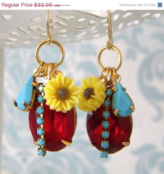 Turquoise Daisy Rhinestone Earrings