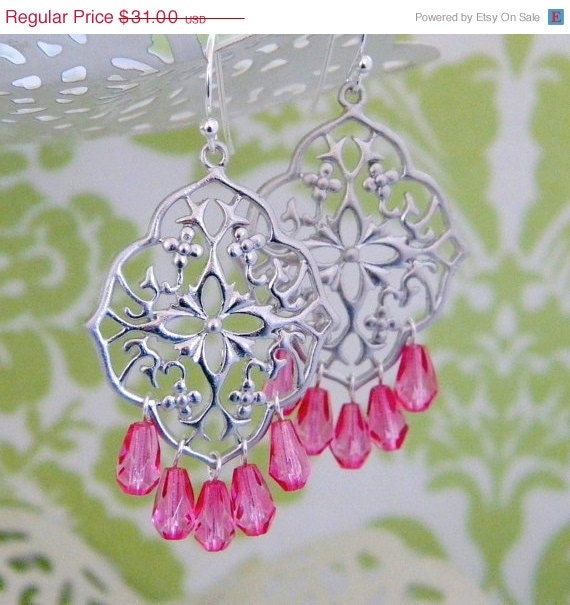 Rose Pink Silver Filigree Chandelier Earrings
