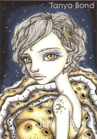 Moon Child - girl in a moon dress - starry sky - 5x7 print of a fantasy painting by Tanya Bond
