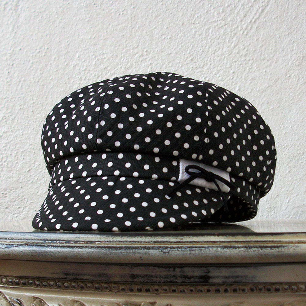 Womens Hat Cotton Womens Newsboy Cap - Black  White Polka Dots - Womens cap - Small