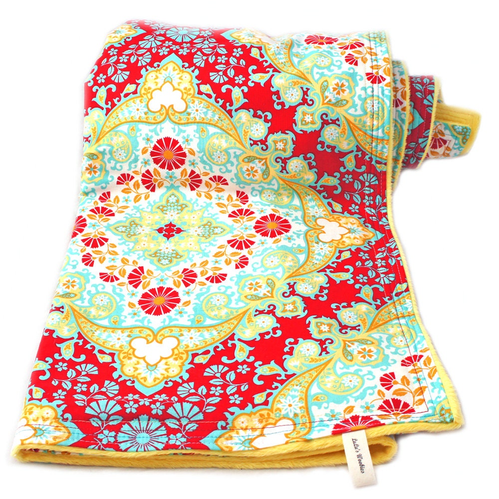 Notting Hill Kaleidoscope Poppy Red True Crib Blanket w/ Yellow Minky Chenille