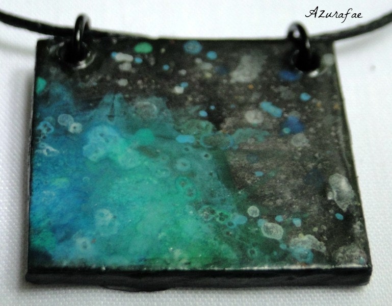 Blue Green Galaxy Watercolor Painting Paper Necklace OOAK