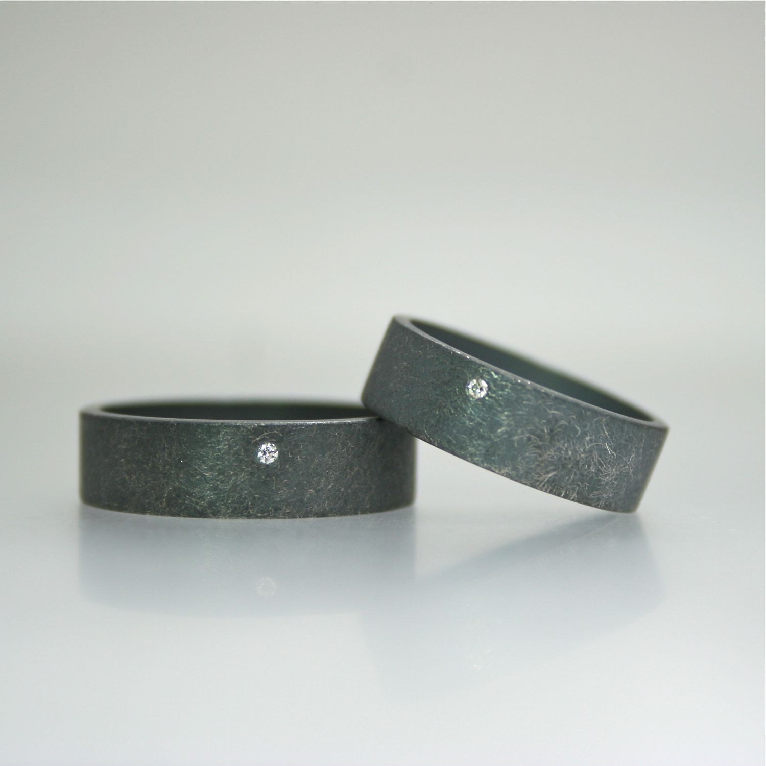 Blackened Silver and White Diamond Wedding Ring Set - Oxidized Rough Finish - Matching Wedding Bands - Minimalist - Modern Jewelry