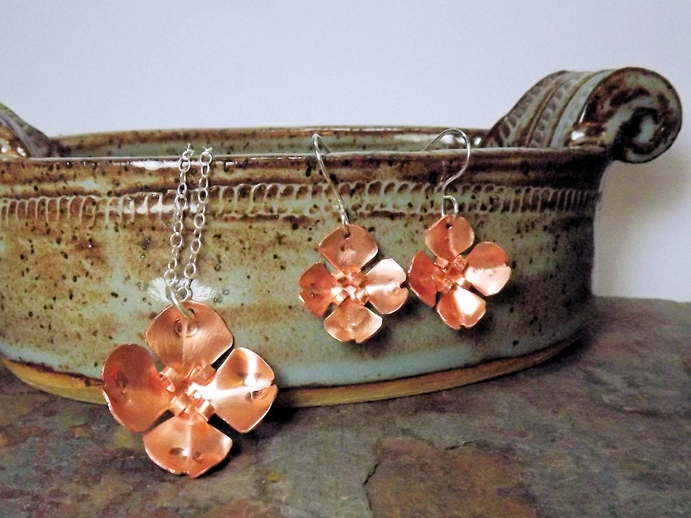 Dogwood Flower Copper and Silver Necklace and Earrings Set, Art Jewelry, Metalwork.
