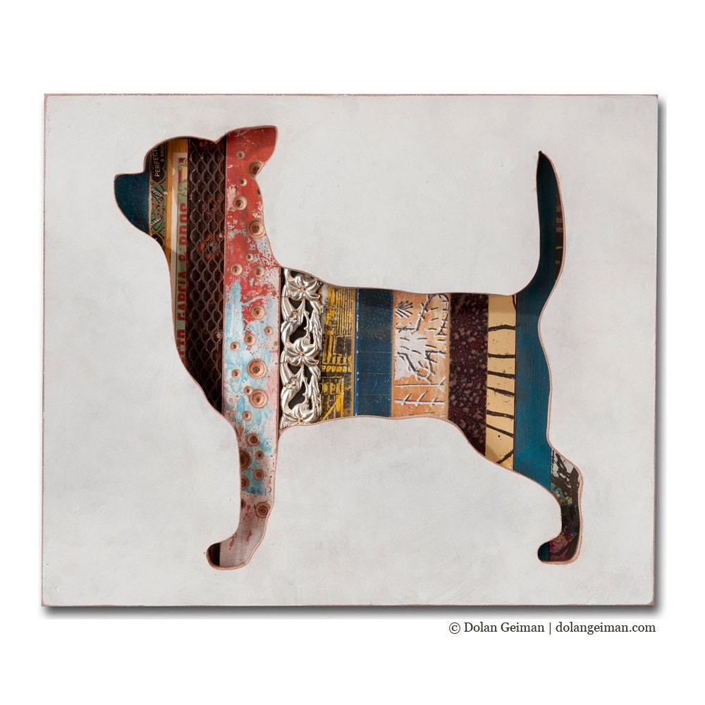 Chihuahua Dog Art, Pet Portrait Assemblage, Dog Walk Mini, Recylced Wood, Antique Object Collage